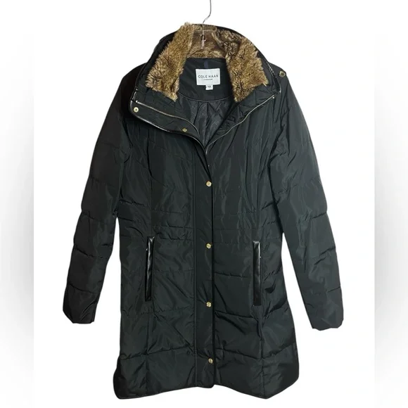 Cole Haan Puffer Coat Down Filled Faux Fur Collar Hidden Hood Blk Sz M Like New - Picture 7 of 15